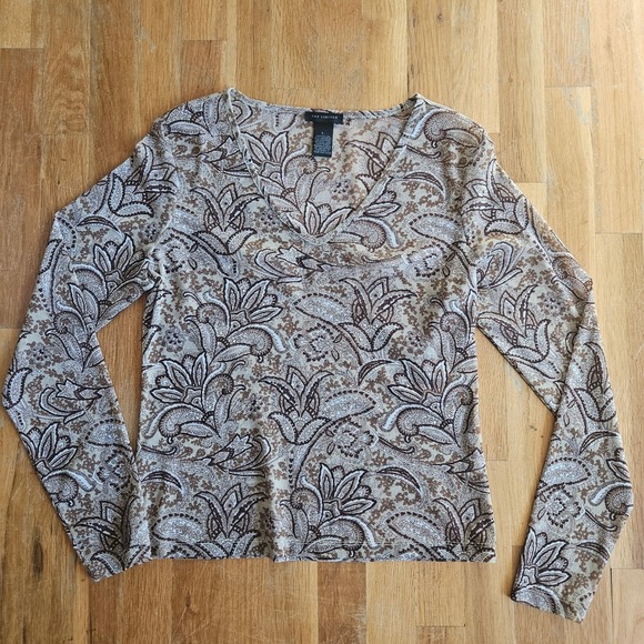 Vtg Limited Top Size Large Brown Paisley Print Sheer Mesh Y2K Boho Stretch Fall - Picture 11 of 11